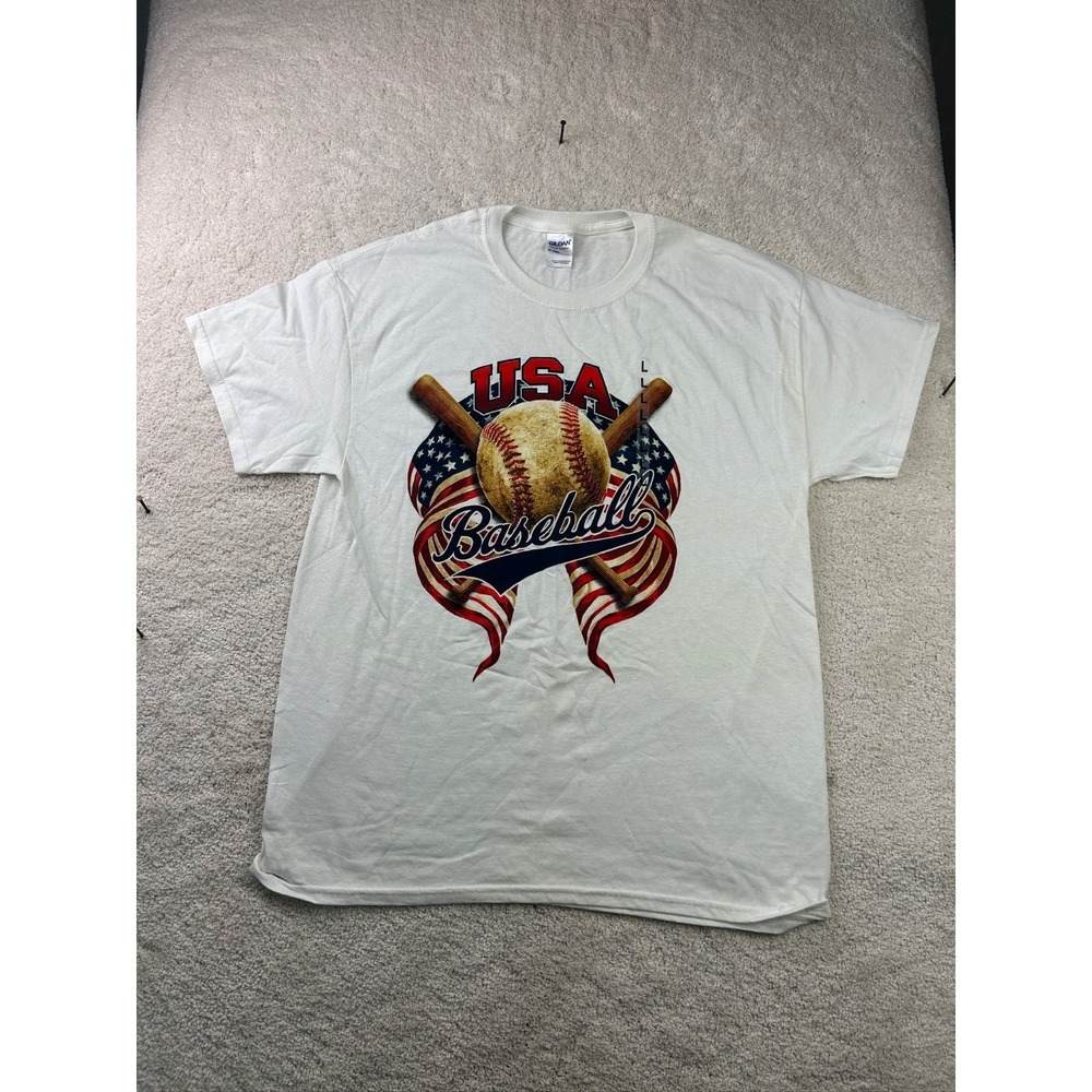 Gildan USA Baseball Men's T-Shirt White Large Cotton Heavyweight